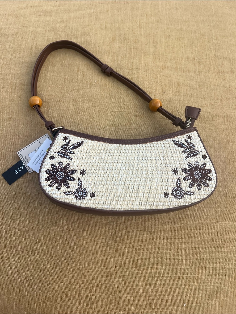 NWT Olivia & Kate Straw Crossbody Baguette Bag With Embroidered Floral Accents